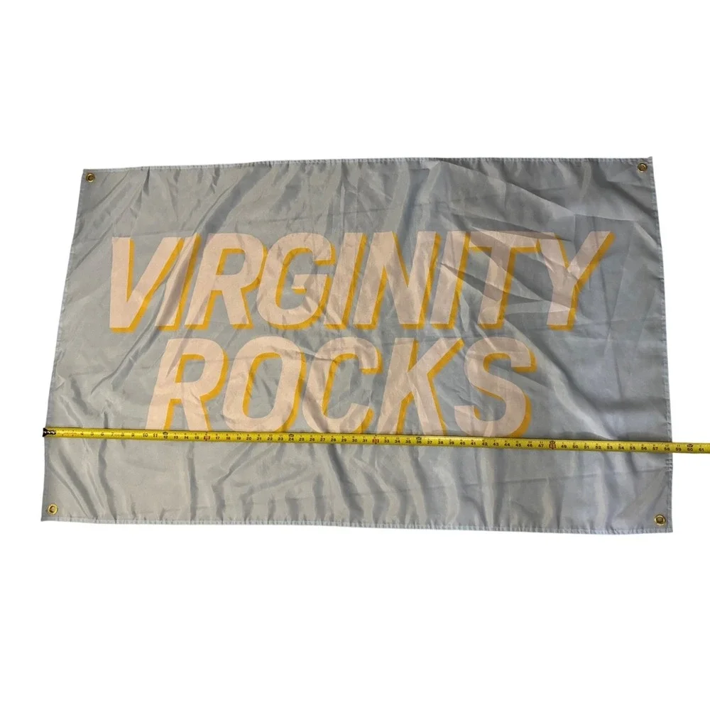 Virginity Rocks‎ Flag Banner Light Blue Yellow Grommets Statement